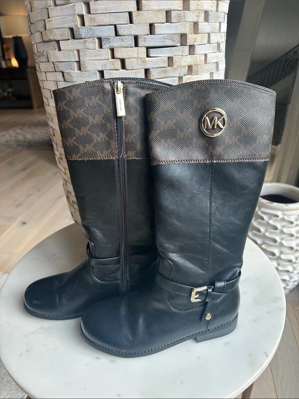 Michael Kors Black Leather Boots with Brown MK Logo Cuff